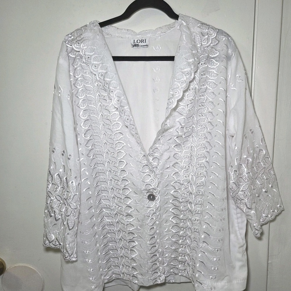 LORI White Lace Embroidered Blouse Cardigan Boho Romantic Cottagecore XL 1X‎